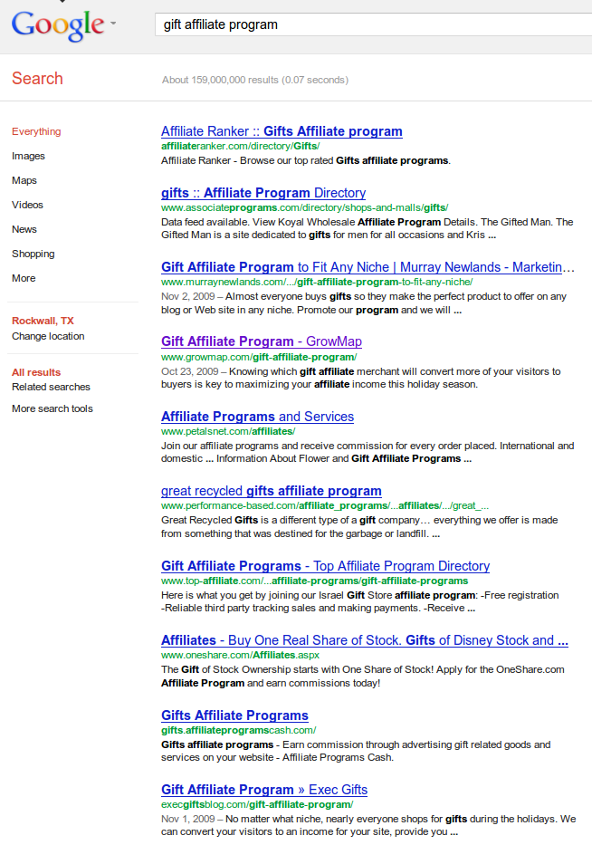 Google Results for search Gift Affiliate Program