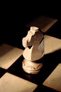 Close-up White knight chess piece on a chess board