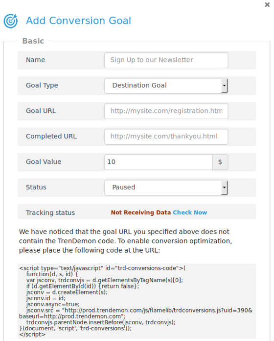 Form for adding or editing conversion goals in TrenDemon