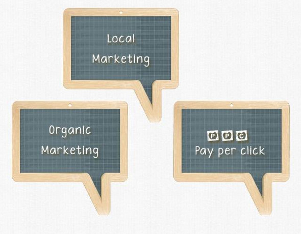 3 rectangular chalk board word bubbles: local marketing, organic marketing, pay per click (ppc)